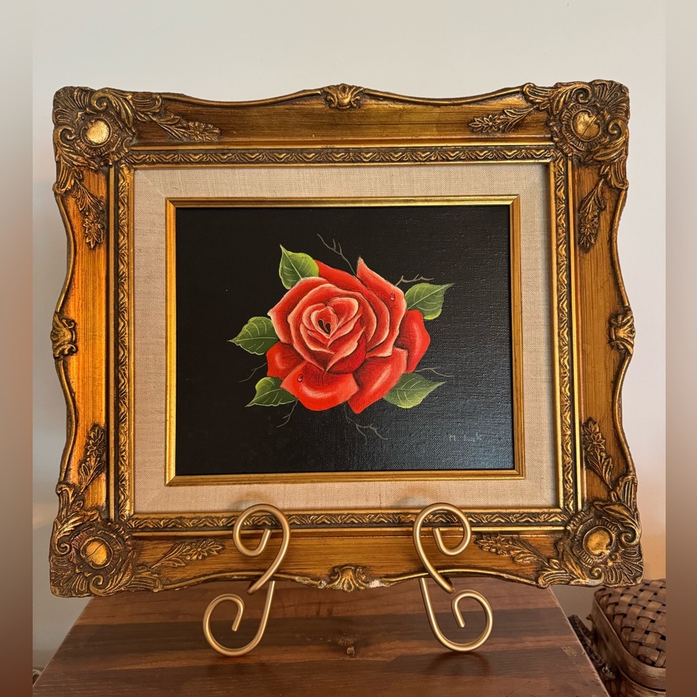 M. Lak Original Oil Painting on Canvas Still Life Rose 15x 13 Gold Ornate Frame
